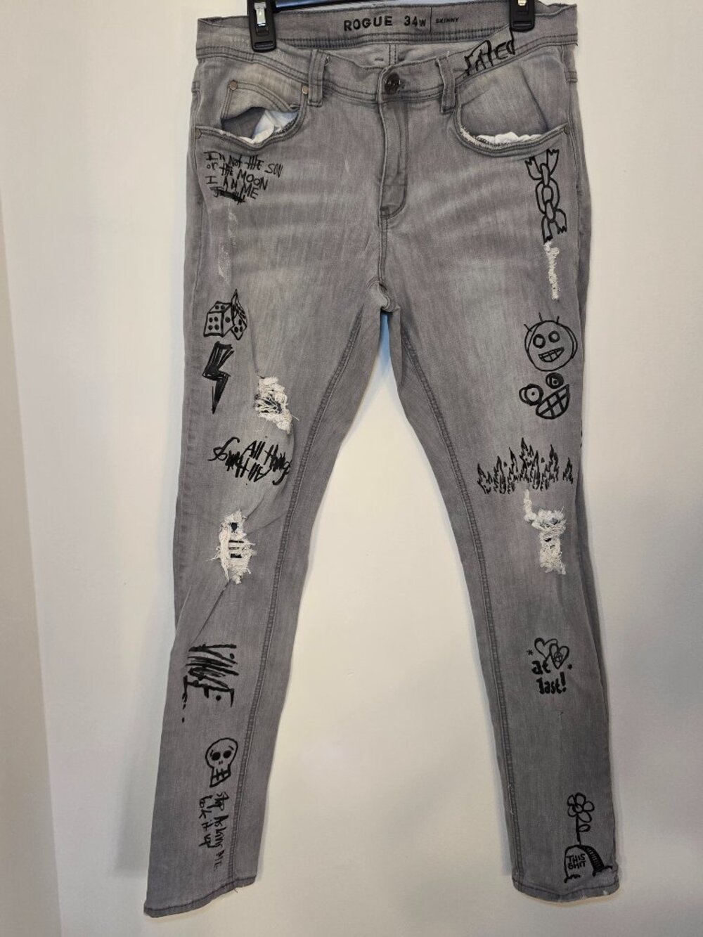 Ninth Hall Rogue Tapered Printed Smoke Skinny Jeans Mens 34 Gray Distressed
